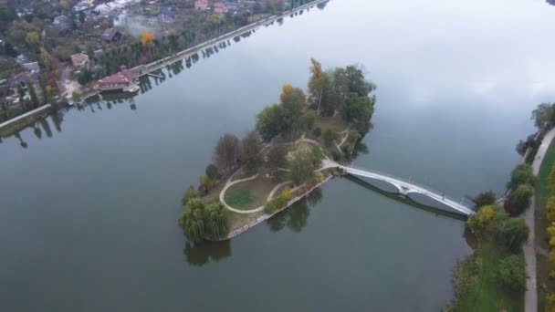 Antenn, topp vy från drone. En flod med vackra stränder och en ö för älskare. — Stockvideo