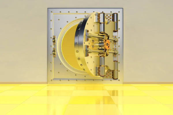 Front view of light gold bank vault door, closed. 3D Render