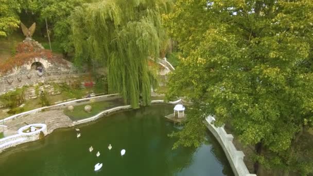 Park med ett vattenfall i Kamenetz Podolsky. Berg med vattenfall, Park och svanar. — Stockvideo