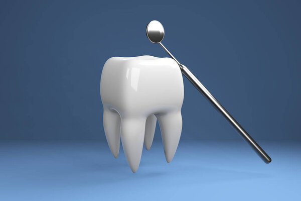 Image of a tooth on a blue background with a dentists tools. 3D rendering