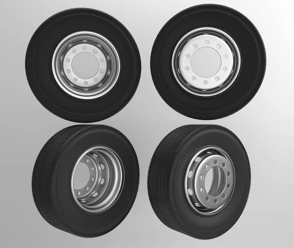 Aislado sobre fondo blanco nuevas ruedas delanteras de camión trasero con neumáticos de brillo negro. renderizado 3d —  Fotos de Stock