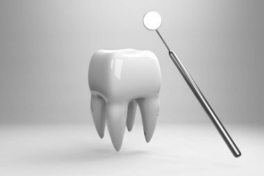 Bir diş hekimi araçları ile beyaz bir arka plan üzerinde bir diş görüntüsü. 3d render