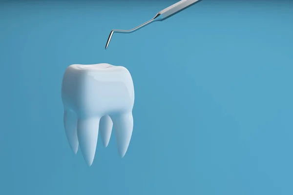Obrázek zubu na modrém pozadí s nástrojem pro zubaře. prostorové vykreslování — Stock fotografie