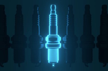 3D rendering. Spare parts spark plugs on blue background clipart