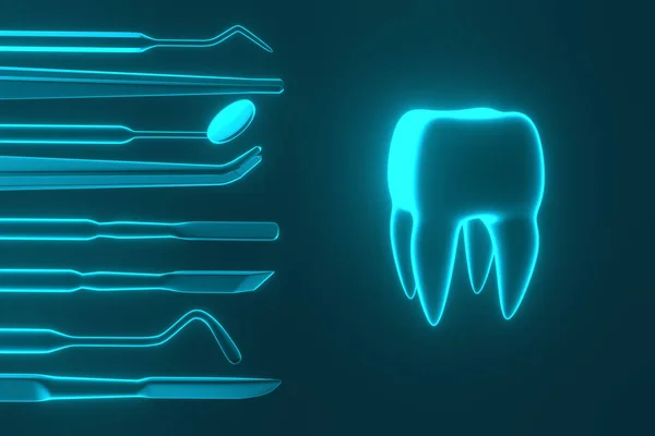 Imagen de un diente sobre un fondo azul con herramientas para dentistas. Renderizado 3D. —  Fotos de Stock