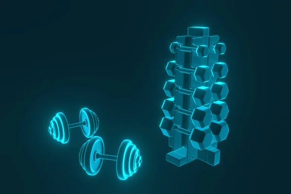 3D-rendering. Set van geïsoleerde dumbbells voor sport op een achtergrond gevouwen op een speciale metalen standaard. — Stockfoto