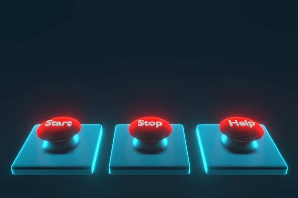 Renderowania 3D. Web czerwone przyciski Start, stop, pomoc. — Zdjęcie stockowe