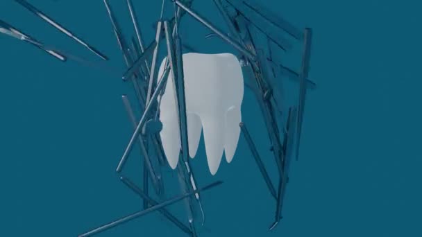 Dent sur fond bleu avec un outil de dentiste . — Video