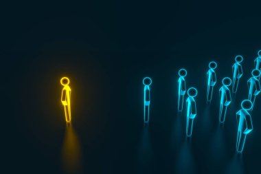 Başarılı yöneticilerden oluşan ekibin önünde lider. Önlerinde duran büyük bir liderin önderliğindeki başarılı yöneticilerden oluşan bir ekip. 3d render