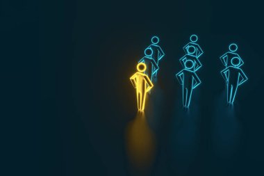 Başarılı yöneticilerden oluşan ekibin önünde lider. Önlerinde duran büyük bir liderin önderliğindeki başarılı yöneticilerden oluşan bir ekip. 3d render