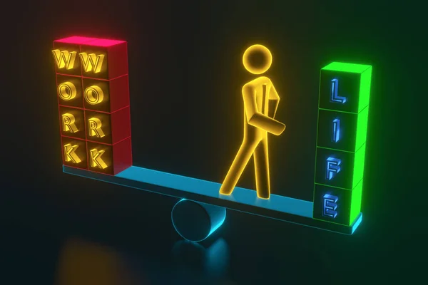Figur eines Geschäftsmannes, der auf der Waage steht, einerseits Arbeit, andererseits Leben. 3D-Darstellung — Stockfoto