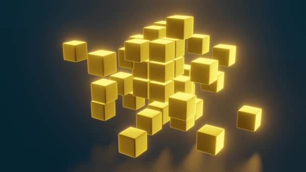 3D cubos de bloco de ouro no fundo escuro. Renderização 3D — Vídeo de Stock