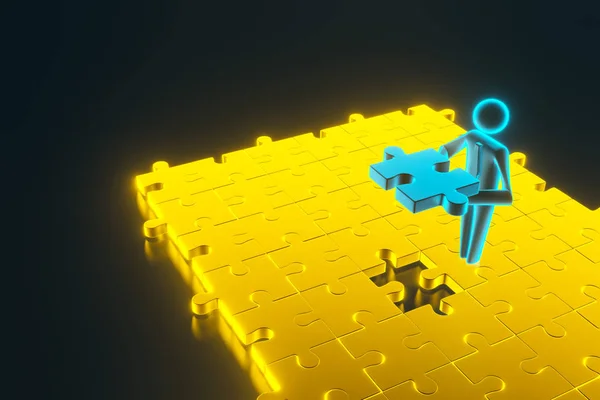 3D-s férfi, kis ember behelyezése utolsó része a puzzle. 3D-leképezés — Stock Fotó