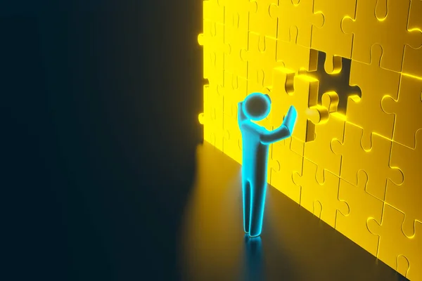 3d man, small person inserting last part of a puzzle. 3d rendering — Stock Photo, Image