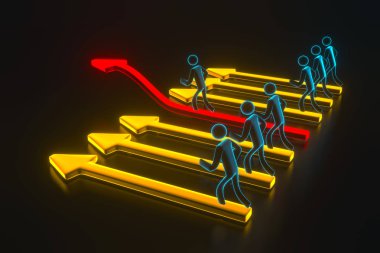 3d adam, kişi kırmızı ok üzerinde gidiyor. 3d render