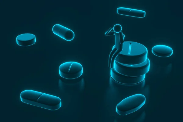 Malí lidé sedící na tabletách. Drogy a pilulky na modrém pozadí. 3D vykreslování — Stock fotografie