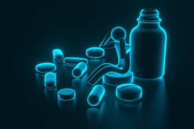 Tabletlerin üzerinde oturan küçük insanlar. Mavi arka planda uyuşturucu ve haplar. 3d oluşturma
