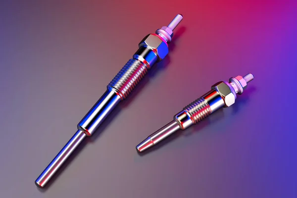 Two types of glow plug on a multicolored background. 3d rendering — ストック写真