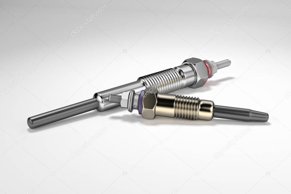 Two types of glow plug on a white background. 3d rendering