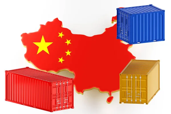 Карта Китая сухопутная граница с флагом. Грузовые перевозки в контейнерах. 3d-рендеринг — стоковое фото