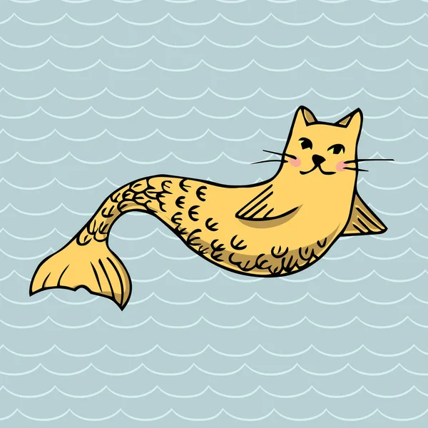 Sea Cat Funny Card Cat Mermaid Vector — стоковый вектор