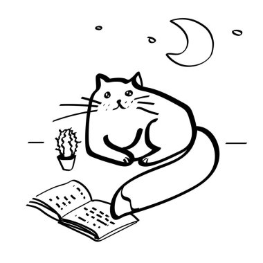 El çizimi çizimi çizimi. Elinde kitap ve kaktüs vektör kartı olan zeki bir kedi..  