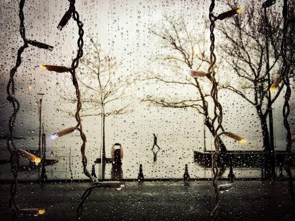 Raindrops Glass Man Walking Coastline — Stock Photo, Image