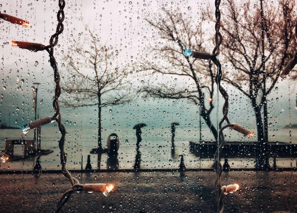 Raindrops Glass Defocused Street View — Stock Photo, Image