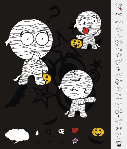 Bonito Pequena Múmia Criança Desenhos Animados Expressões Halloween Definido Formato — Vetor de Stock