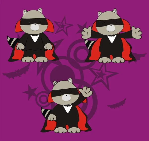 Lindo Mapache Dracula Traje Dibujos Animados Halloween Conjunto Formato Vectorial — Vector de stock