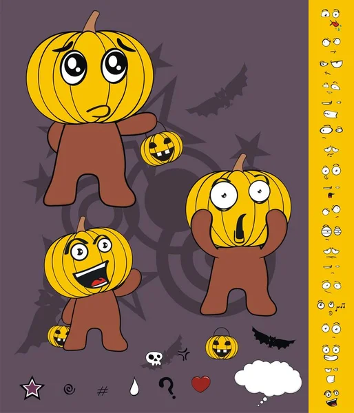 Engraçado Criança Abóbora Desenhos Animados Expressões Halloween Definido Formato Vetor —  Vetores de Stock
