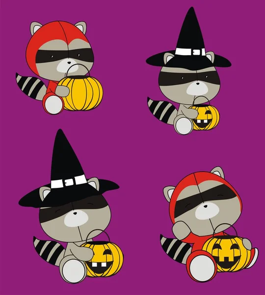 Cute Baby Raccoon Halloween Costume Cartoon Set Vector Format — Stock Vector