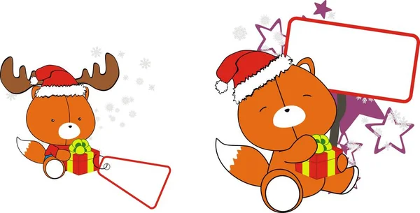 Kleine Kawaii Vos Baby Claus Cartoon Sticker Copyspace — Stockvector