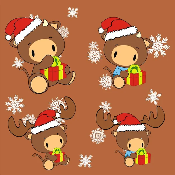 Lindo Kawaii Toro Bebé Dibujos Animados Colección Conjuntos Navidad Formato — Archivo Imágenes Vectoriales