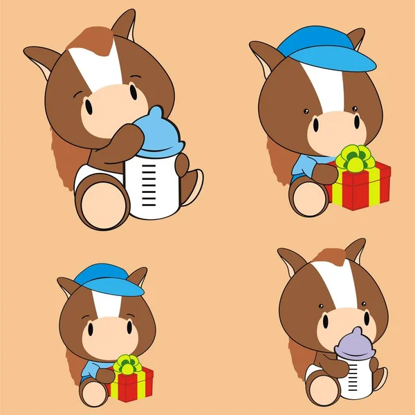 Cute Baby Horse Cartoon Holding Feeding Bottle Collection Vector Format — Stock Vector