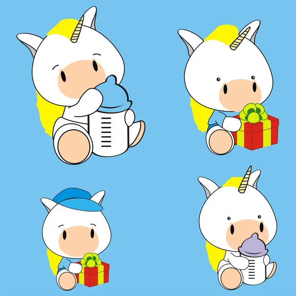 Cute Baby Unicorn Kartun Memegang Koleksi Botol Makan Dalam Format - Stok Vektor