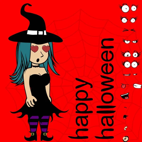 Bastante Bruja Chica Dibujos Animados Expresiones Colección Halloween Formato Vectorial — Archivo Imágenes Vectoriales