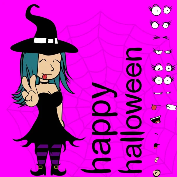 Kostým Čarodějka Dívka Kreslený Výrazy Halloween Kolekce Vektorovém Formátu Velmi — Stockový vektor