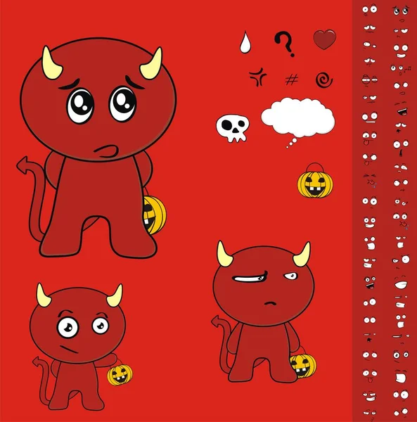 Lindo Pequeño Demonio Rojo Niño Colección Expresiones Dibujos Animados Formato — Vector de stock