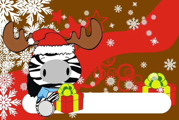 Cute Baby Zebra Cartoon Holding Xmas Gift Box Background Card — Stock Vector