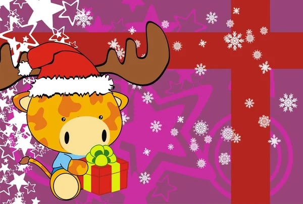 Bonito Bebê Girafa Cartoon Segurando Xmas Presente Caixa Fundo Cartão — Vetor de Stock