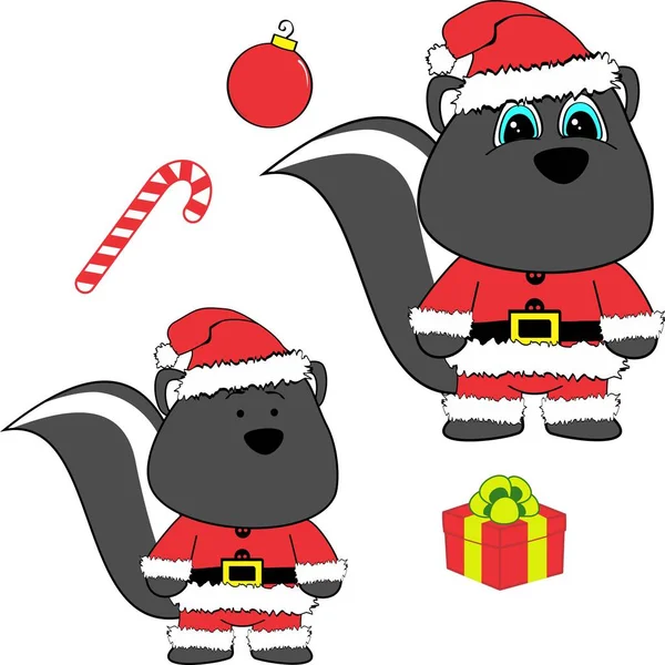 Lindo Skunk Claus Traje Dibujos Animados Colección Navidad Conjunto Formato — Archivo Imágenes Vectoriales