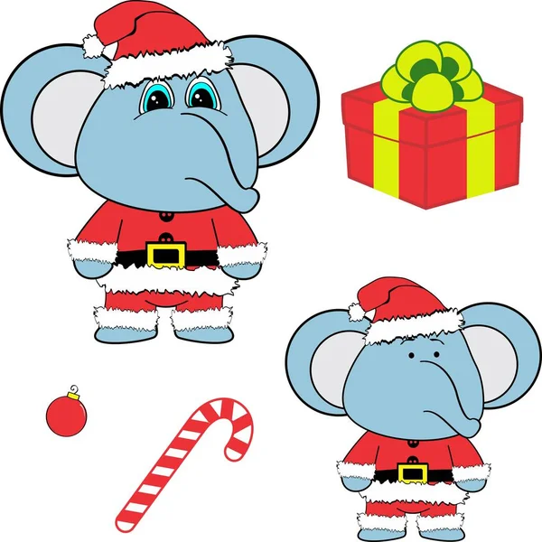 Lindo Elefante Claus Traje Dibujos Animados Colección Navidad Conjunto Formato — Archivo Imágenes Vectoriales