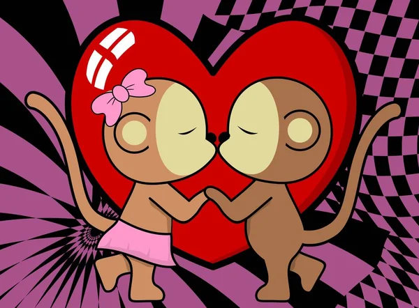 Bonito Lindo Macaco Menino Menina Beijar Desenho Animado Valentine Fundo —  Vetores de Stock
