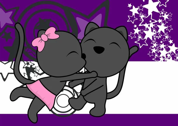 Kawaii Linda Pantera Pareja Dibujos Animados San Valentín Amor Fondo — Archivo Imágenes Vectoriales