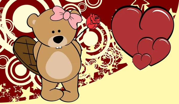 可爱的 Kawaii 海狸女孩拿着一个红色的玫瑰情人节背景在矢量格式很容易编辑 — 图库矢量图片