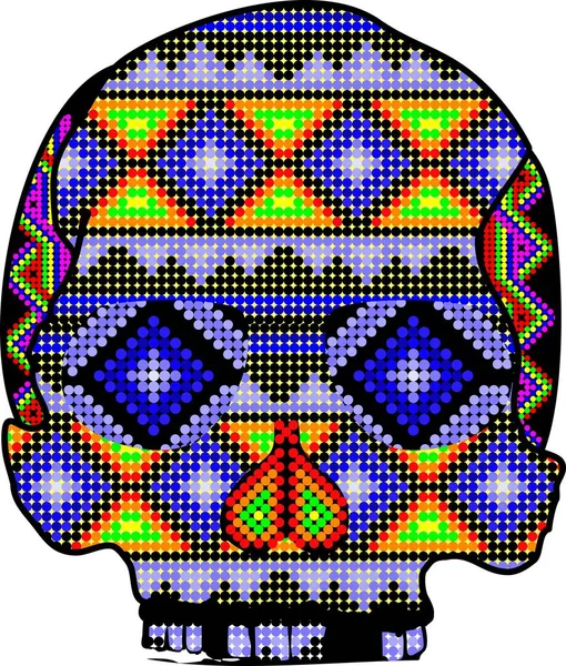 Mexikanische Huichol Kunst Totenkopf Tätowierung Bunte Illustration Vektorformat — Stockvektor