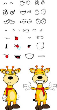 Şirin kawaii komik zürafa çizgi film ifadeleri koleksiyonu vektör biçiminde ayarlandı