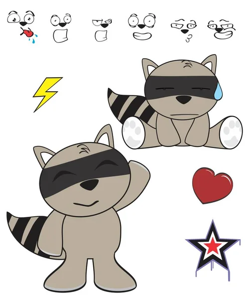 Funny Young Raccoon Cartoon Expressions Set Collection Vector Format — Stock Vector