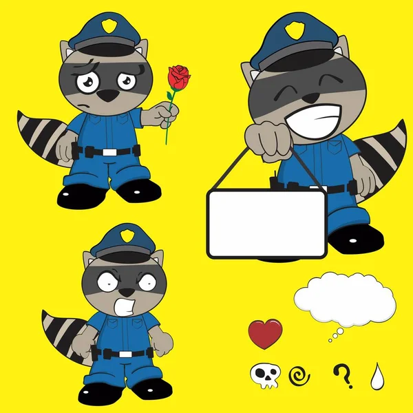 Funny Raccoon Kid Cartoon Police Man Uniform Expressions Collection — Stock Vector